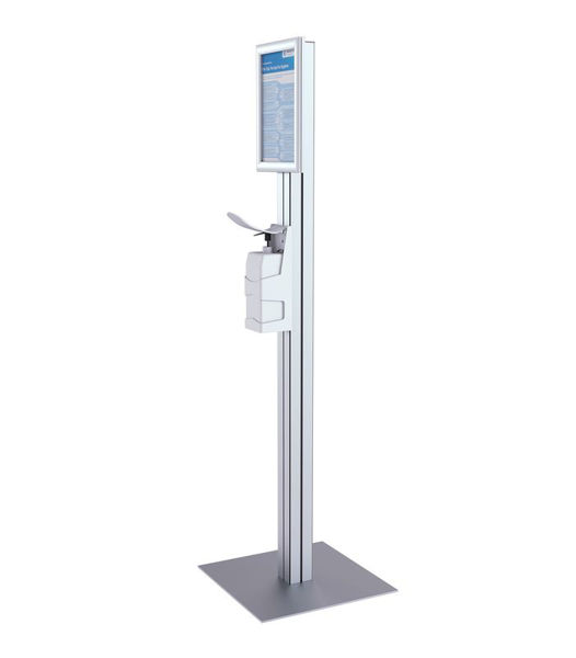 Picture of SNAP A4 FRAME COVID-19 SANITISER STATION WITH LEVER ARM DISPENSER FREE STANDING